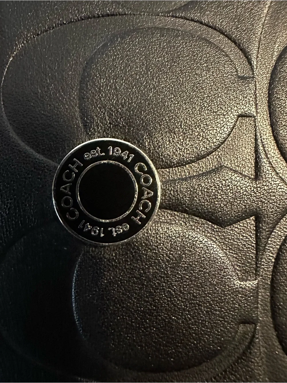 Coach Black Embossed Signature Leather Passport Cover with Silver Accent